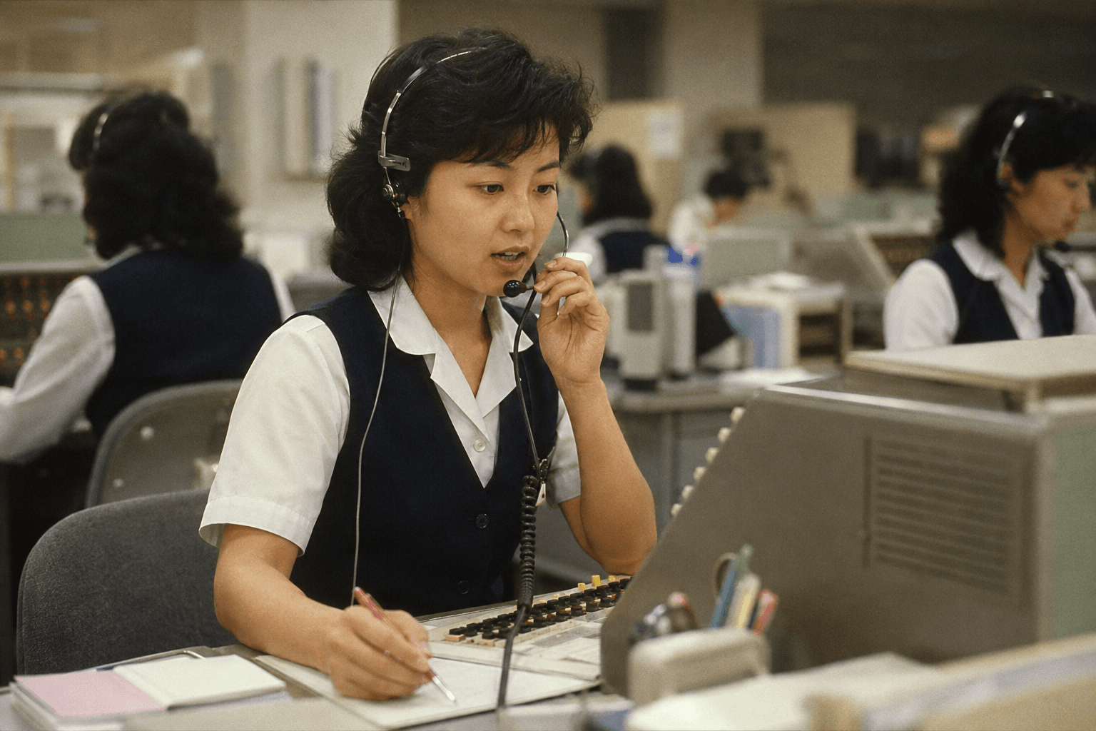 電話交換の案内係が電話を受けている昭和のオフィスのイメージ