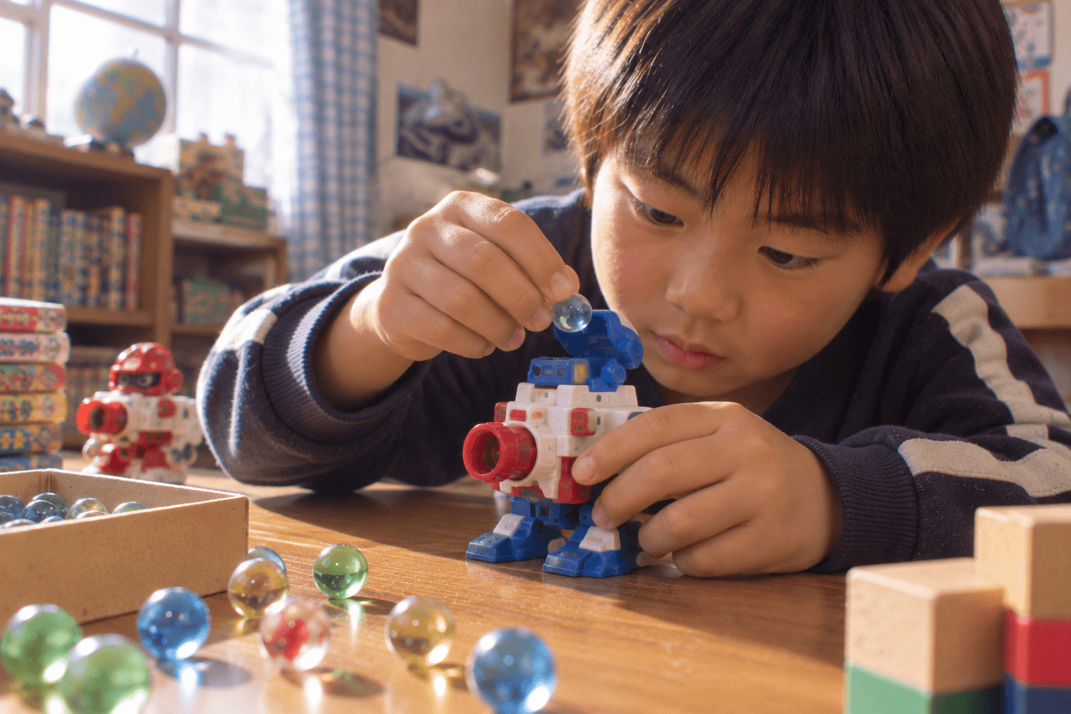 ビー玉を弾く対戦玩具で遊ぶ1990年代の子どもたちのイメージ