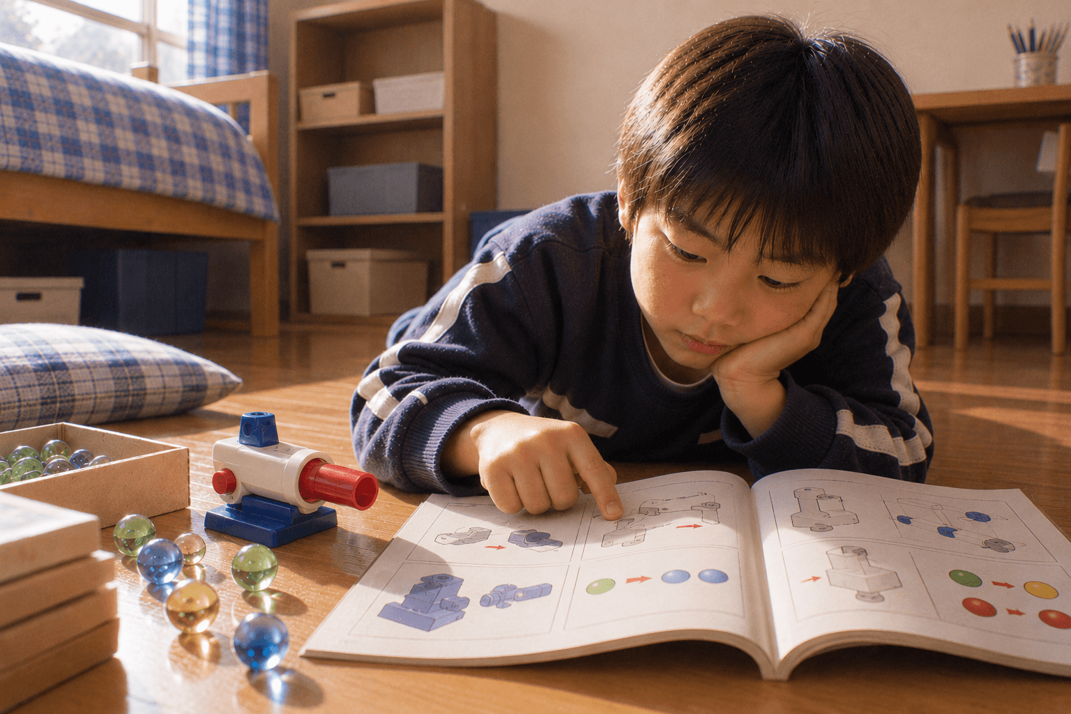 子ども向けホビー誌を見ながらビー玉を装填する子どもの手元のイメージ