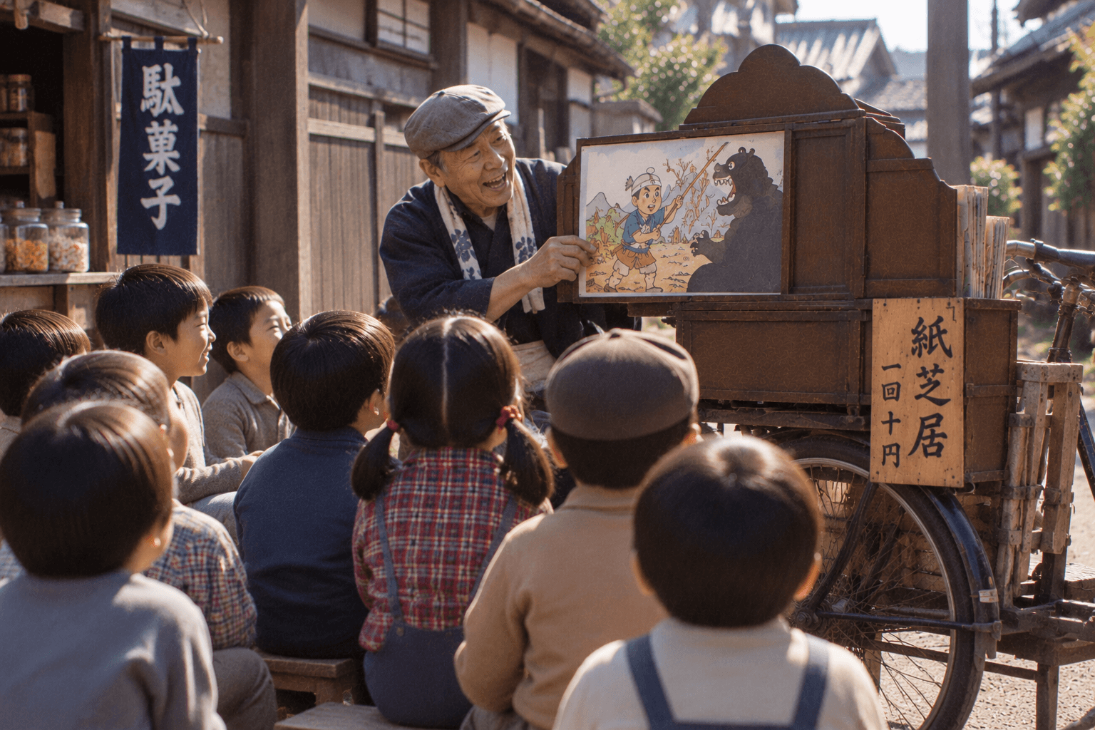 拍子木の音に集まり紙芝居を見つめる子どもたちのイメージ