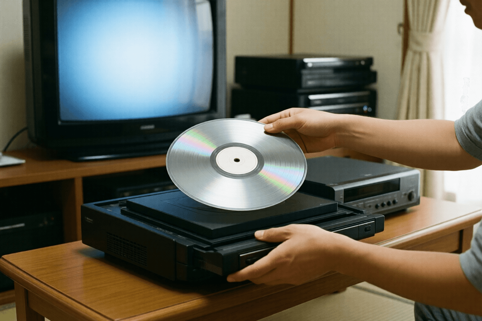 大きな円盤をレーザーディスクプレーヤーに入れる手元のイメージ