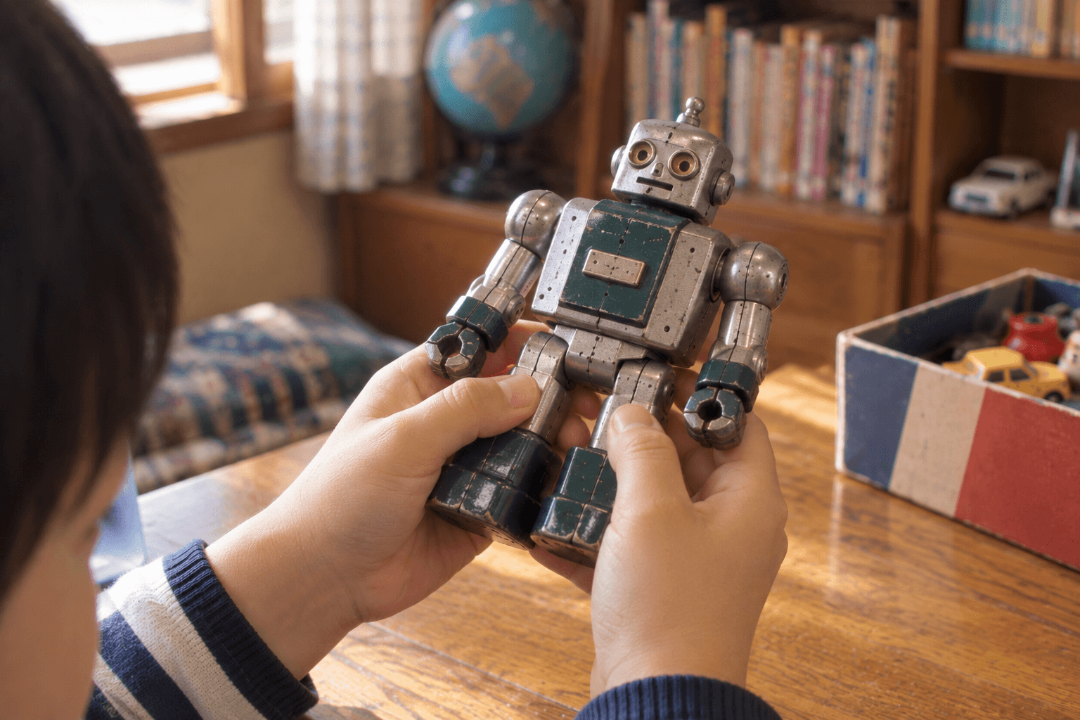 架空の金属製ロボット玩具を手に取り重さを確かめる子どものイメージ
