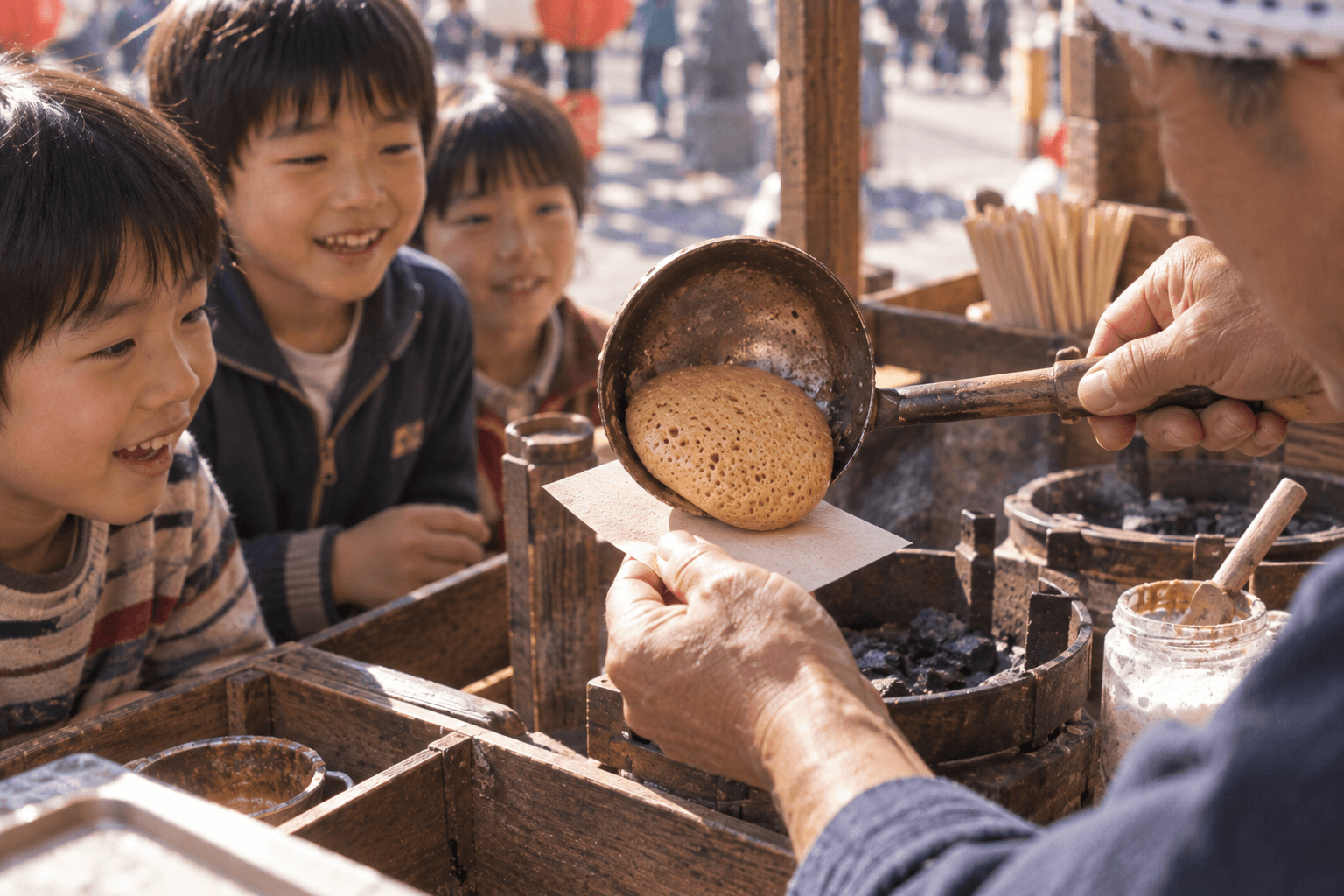 鍋の中でカルメ焼きがふくらんでいく瞬間の手元のイメージ