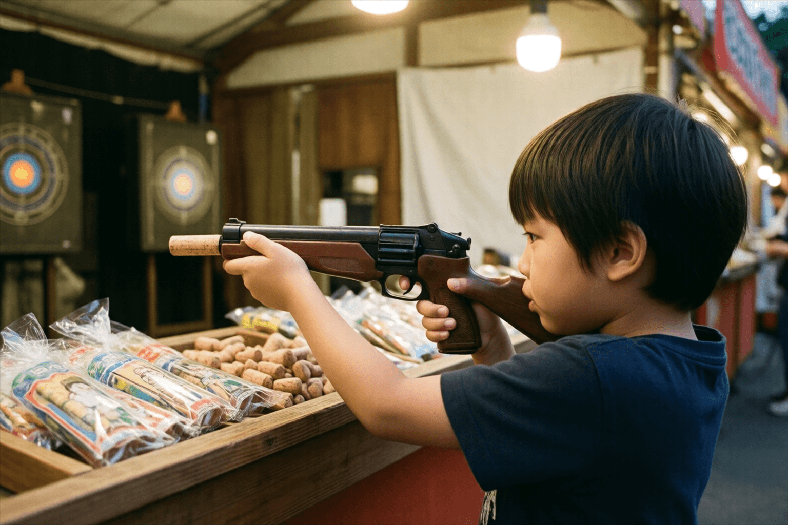 縁日の射的で狙いを定める子どもの手元のイメージ