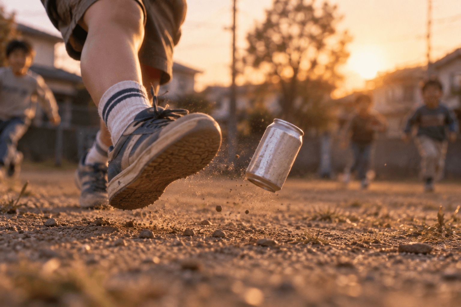 夕暮れの空き地で缶を蹴る子どもの足元のイメージ