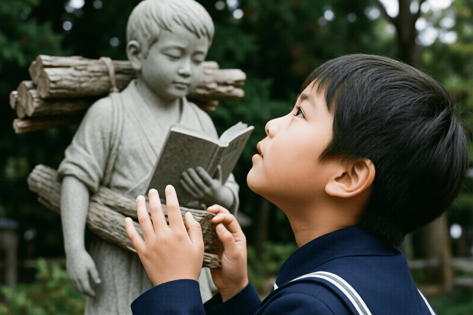 二宮金次郎像を見上げる子どもの横顔のイメージ