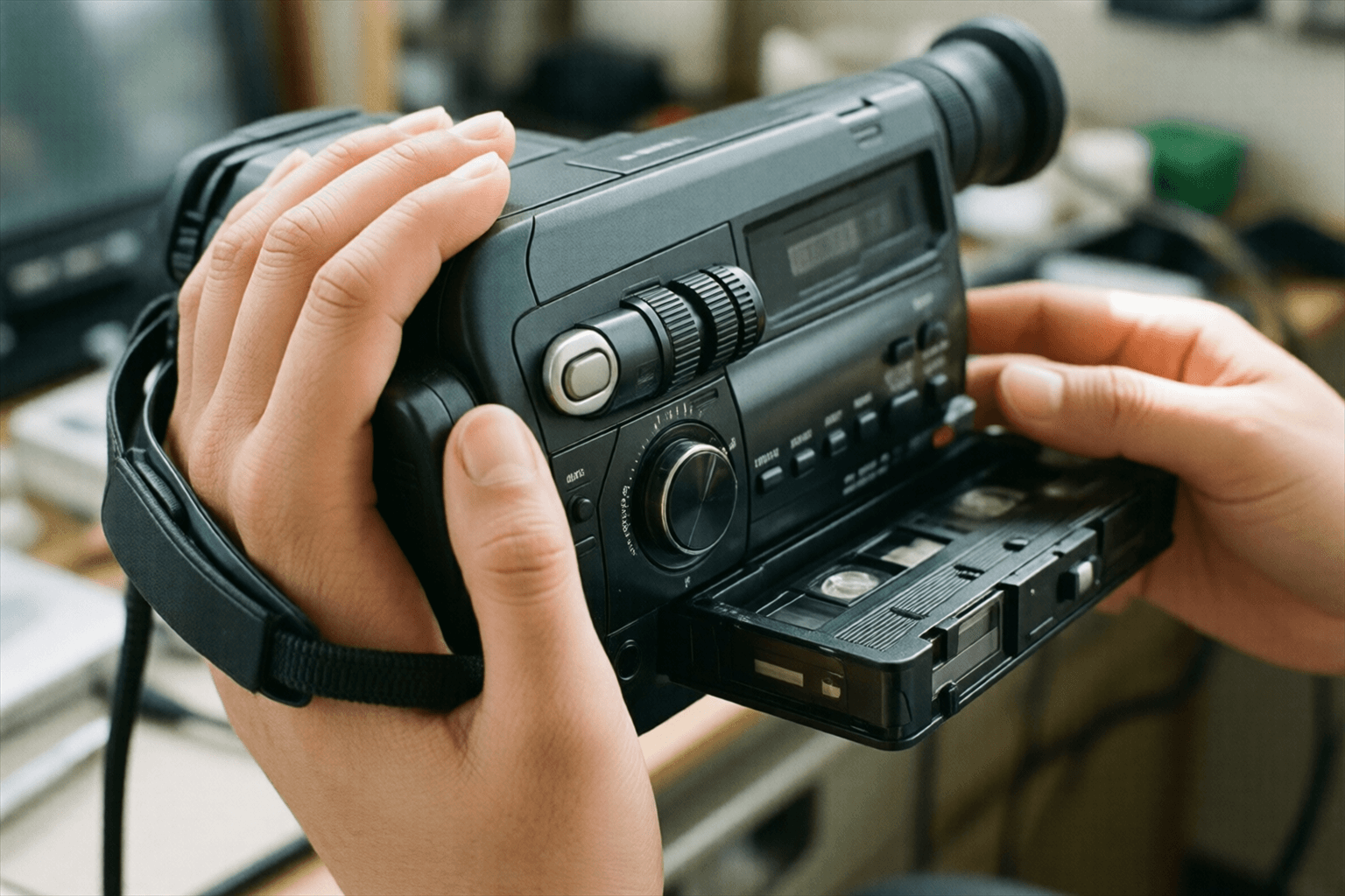 1980年代の家庭用ビデオカメラのテープ部分を操作する手元のイメージ