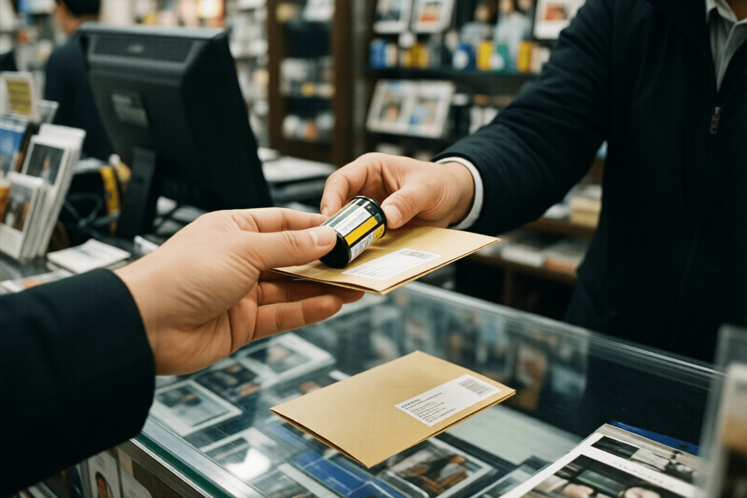 フィルムのケースを写真屋の店員へ手渡す手元のイメージ