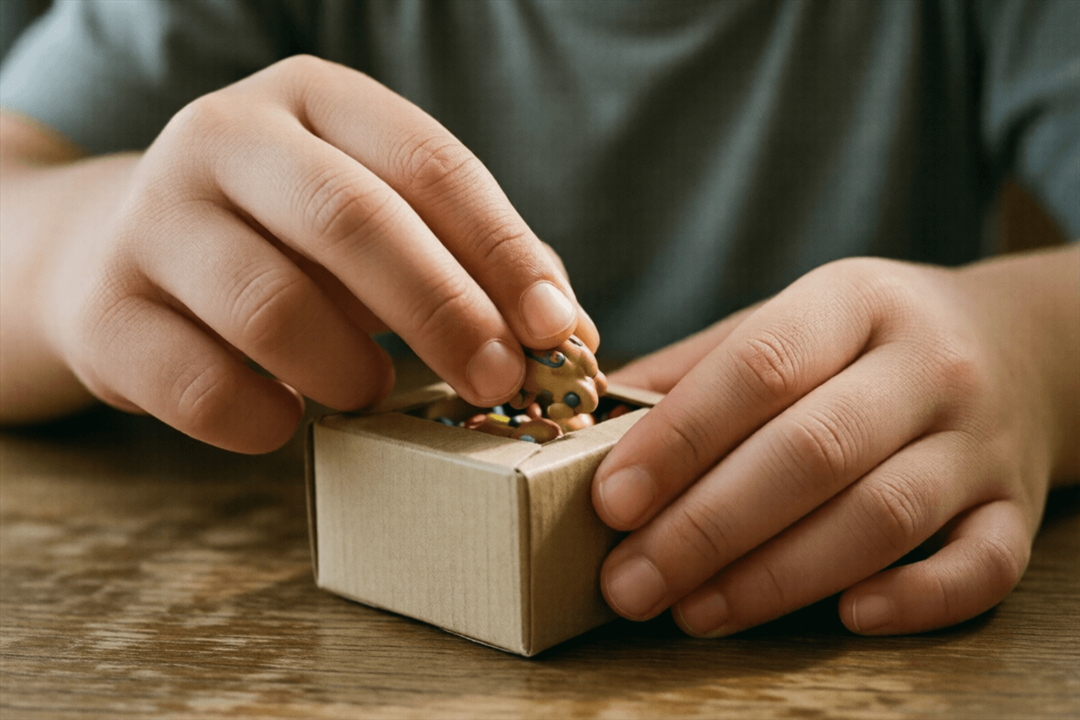 小さなおまけの玩具を箱から取り出す手元のクローズアップのイメージ
