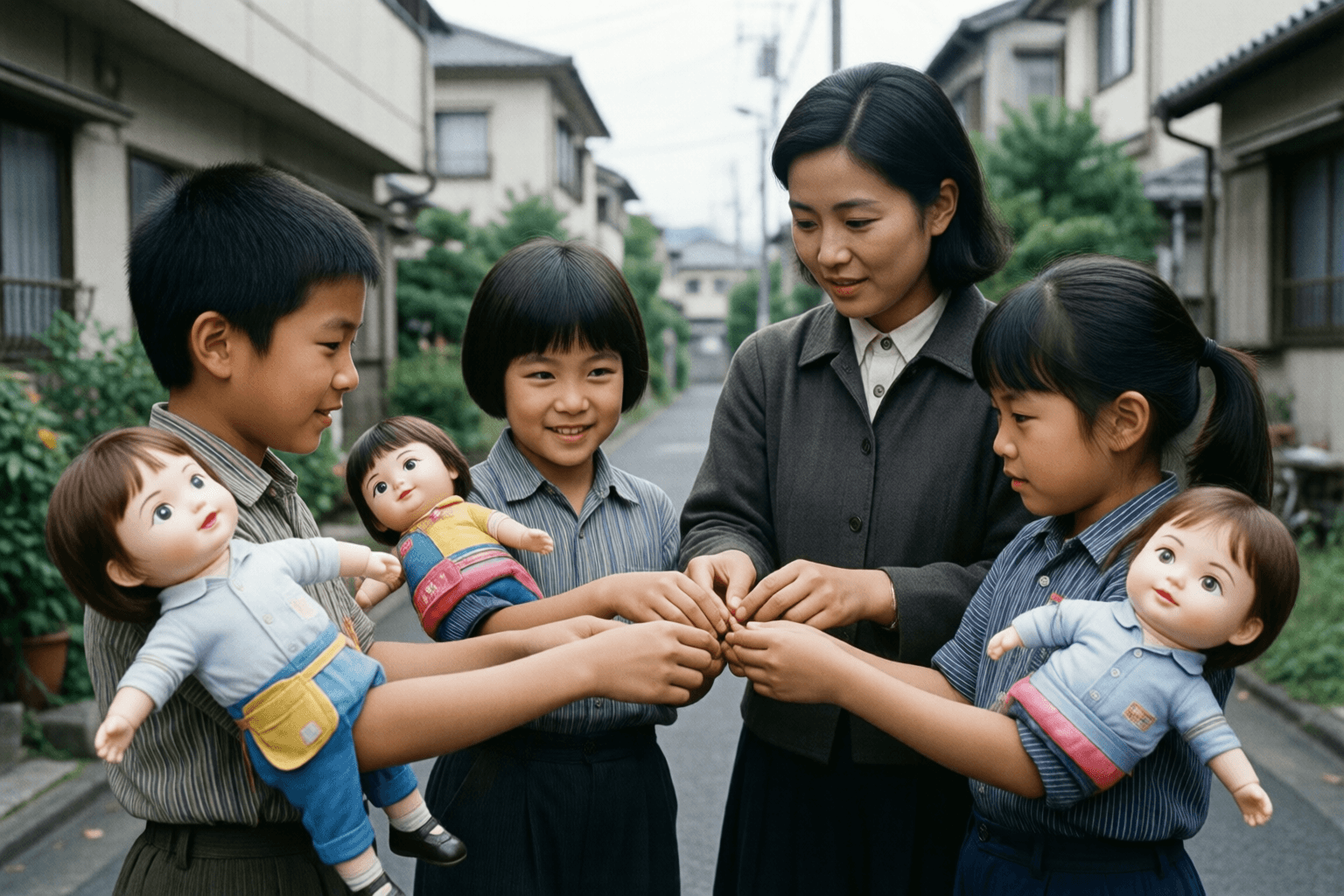 だっこちゃん人形のような玩具を子どもたちが見せ合う住宅街のイメージ。特定の商品の再現ではありません。