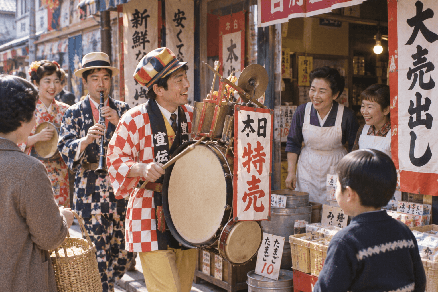 商店の前でちんどん屋が宣伝している様子のイメージ。