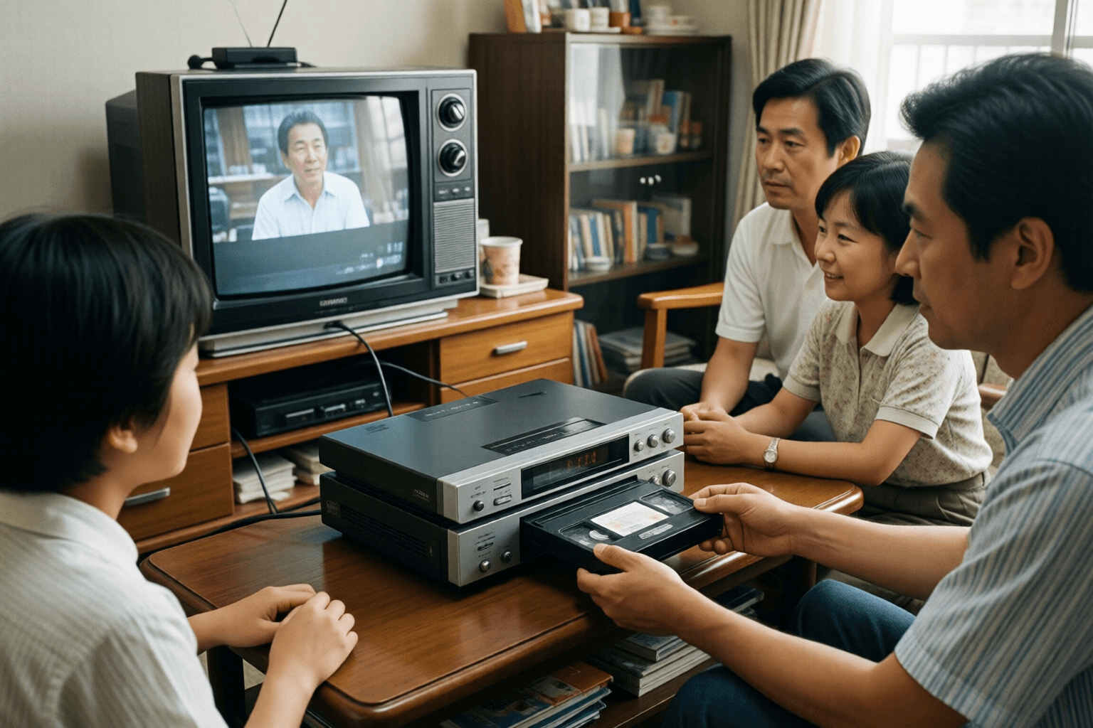 家族が茶の間でビデオデッキにカセットを入れる様子のイメージ。