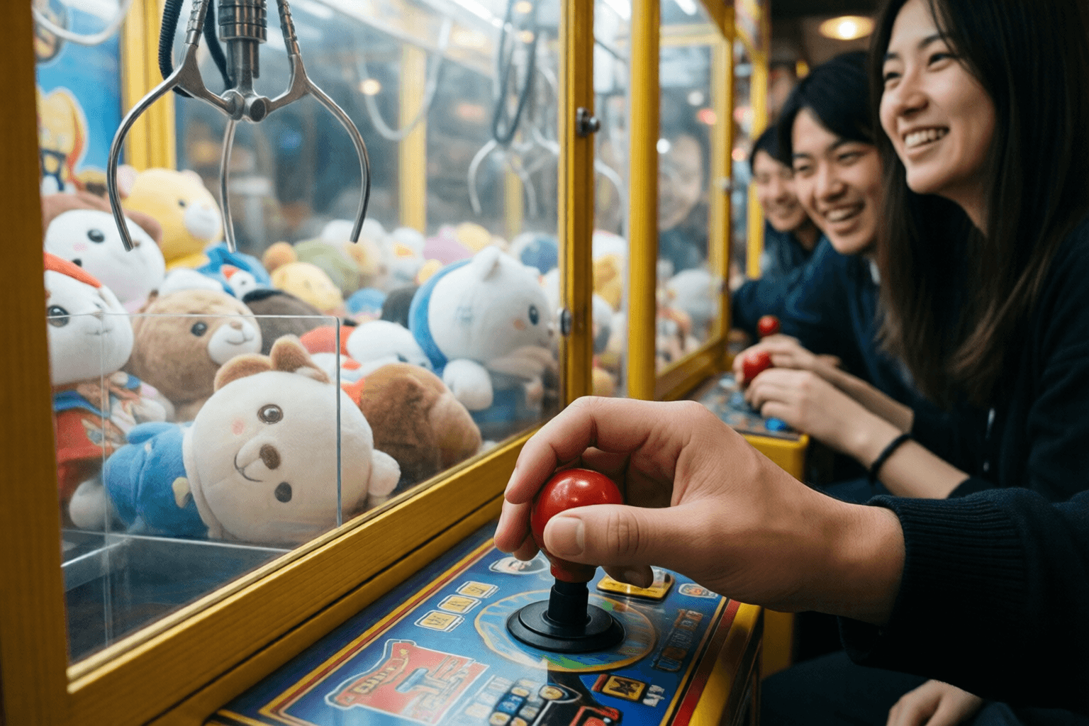 クレーンゲームのジョイスティックを操作する手元のイメージ。