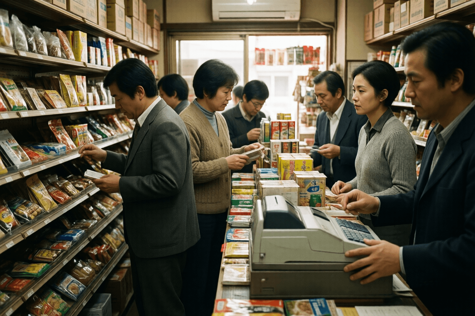 小型店舗の店内で買い物をする客のイメージ。