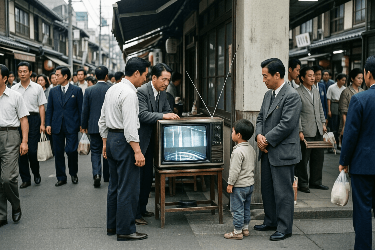 テレビがまだ家庭になかった頃の、昭和20年代の商店街の様子をイメージした画像です。