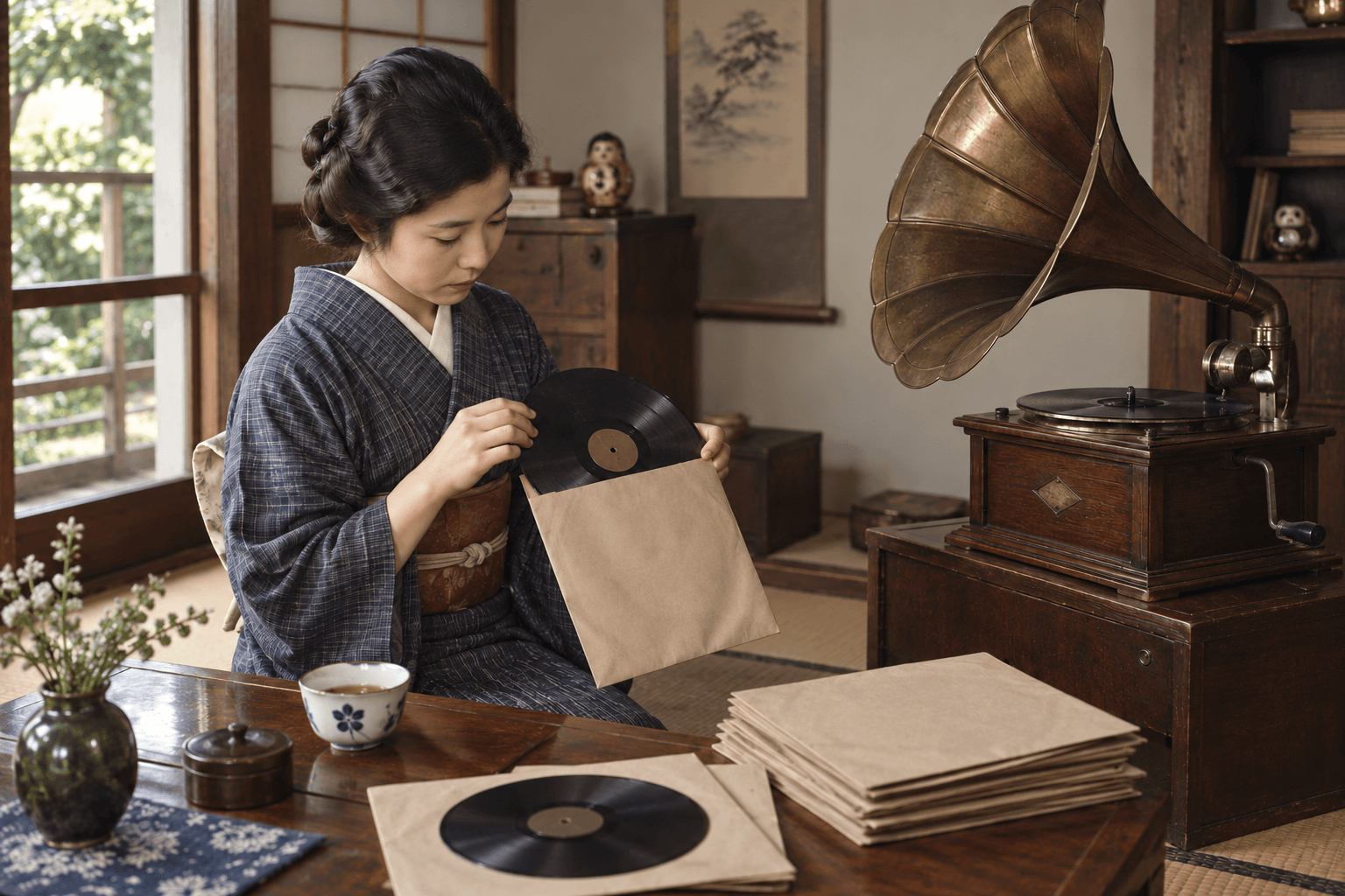 SPレコード盤を手に取り選んでいる場面のイメージ画像です。