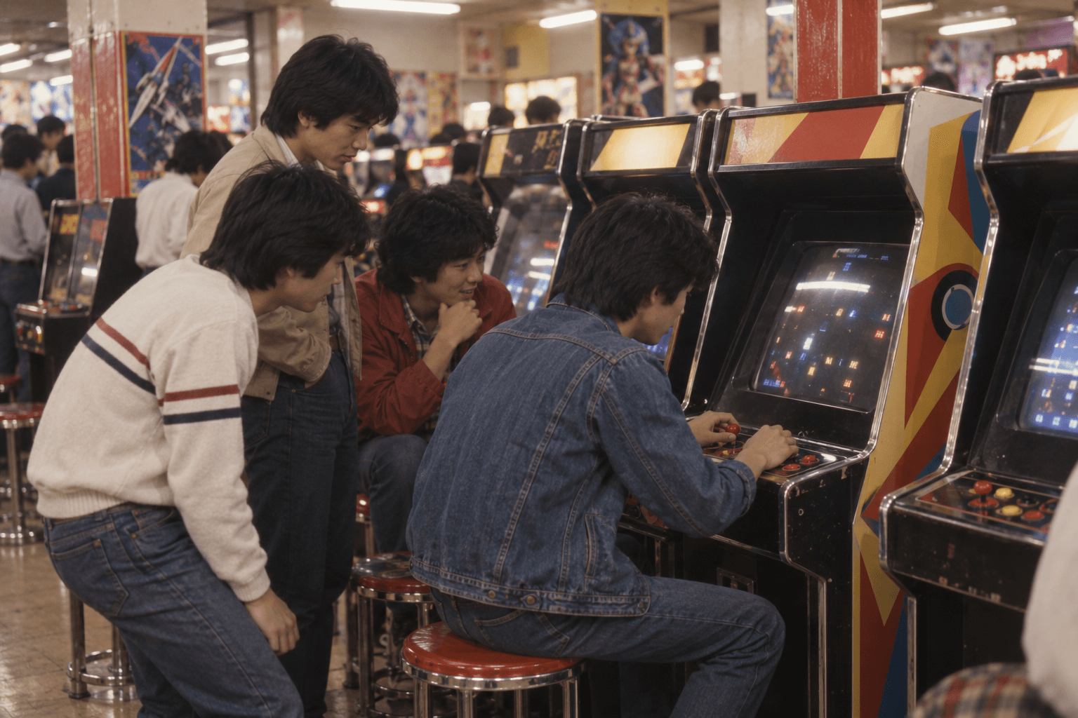 1980年前後のゲームセンター店内で順番を待つ人々のイメージ画像です。特定のゲーム作品・キャラクターの再現ではありません。
