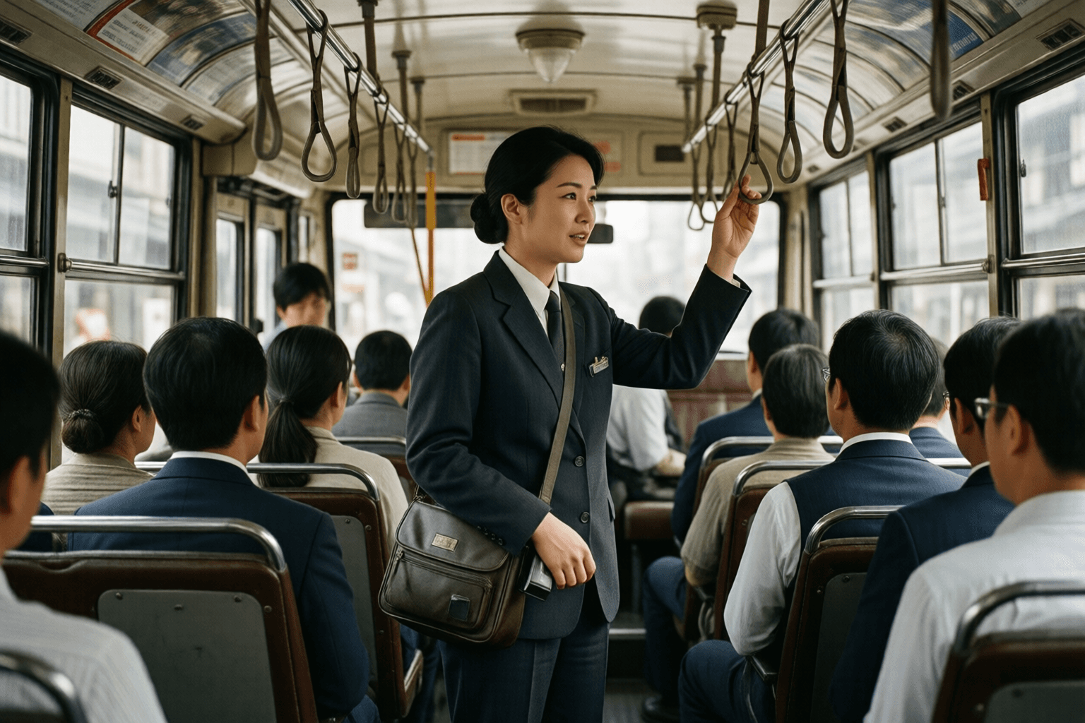 バス車内で案内をする女性車掌のイメージ画像です。