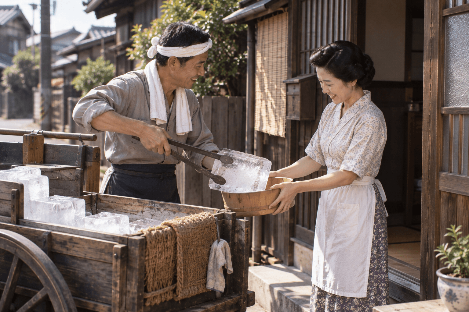 氷屋が家庭へ氷を配達する場面のイメージ画像です。