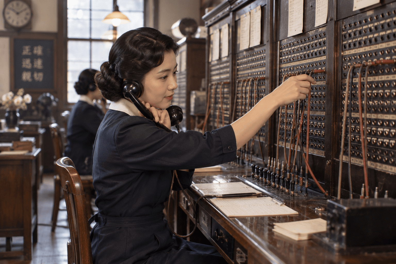 電話交換手が呼び出しに応対する場面のイメージ画像です。