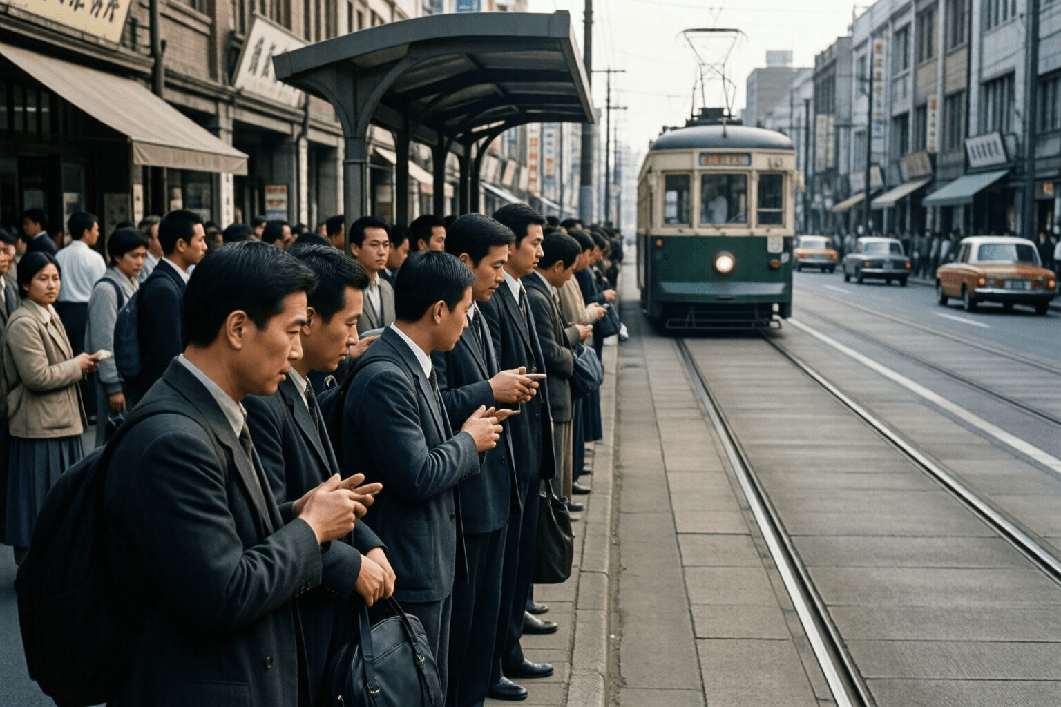 昭和30年代の東京、自動車と併走する都電の停留所で電車を待つ人々のイメージ画像です。特定の路線・車両の再現ではありません。