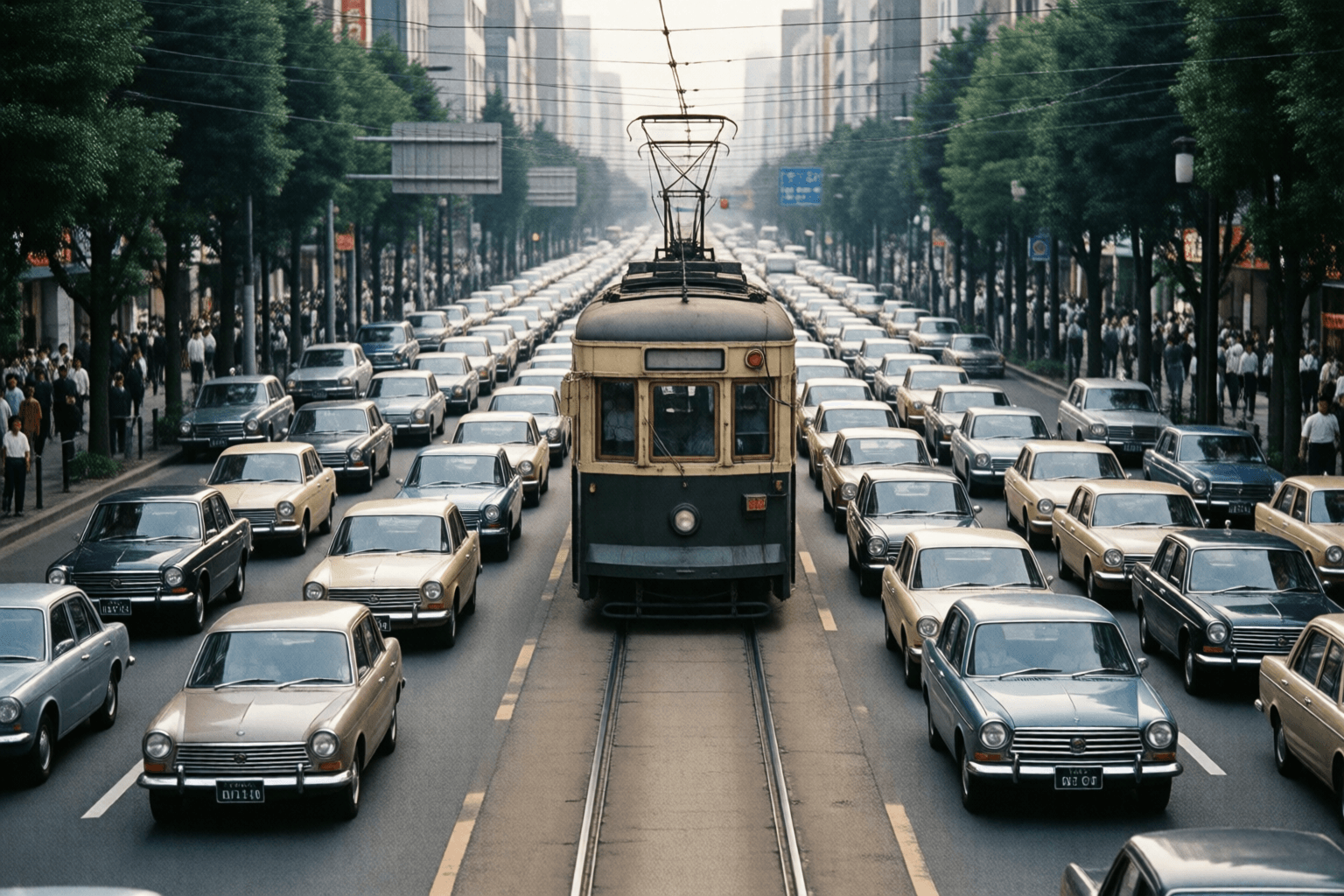 都電と自動車が同じ道路を並んで走る昭和40年代前後の東京の街並みのイメージ画像です。特定の路線・車両の再現ではありません。