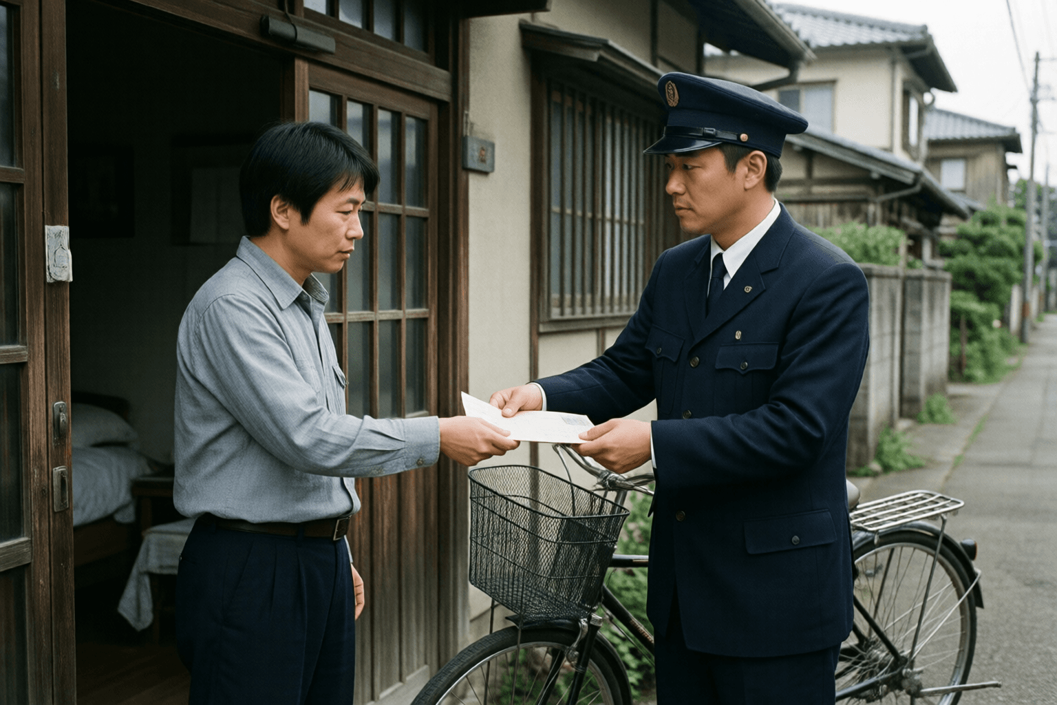 昭和の住宅街で、電報配達員が家庭へ電報を届けに訪れる場面のイメージ画像です。特定の人物・企業の再現ではありません。