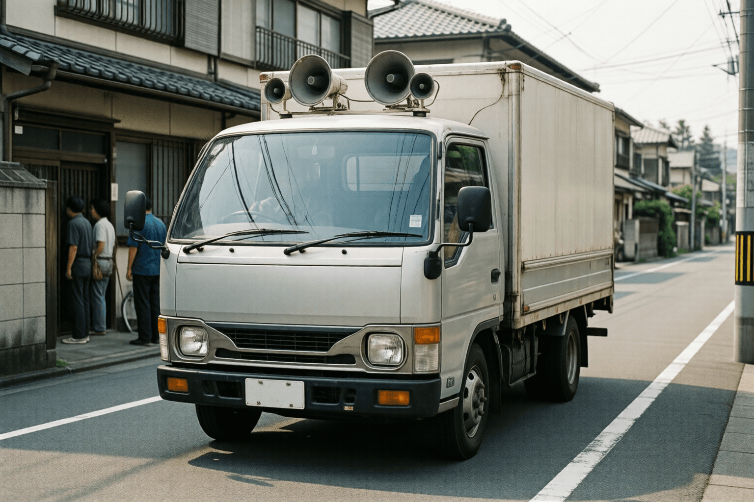 昭和の住宅街を、拡声器を積んだちり紙交換車がゆっくり巡回する場面のイメージ画像です。特定の企業・車両の再現ではありません。