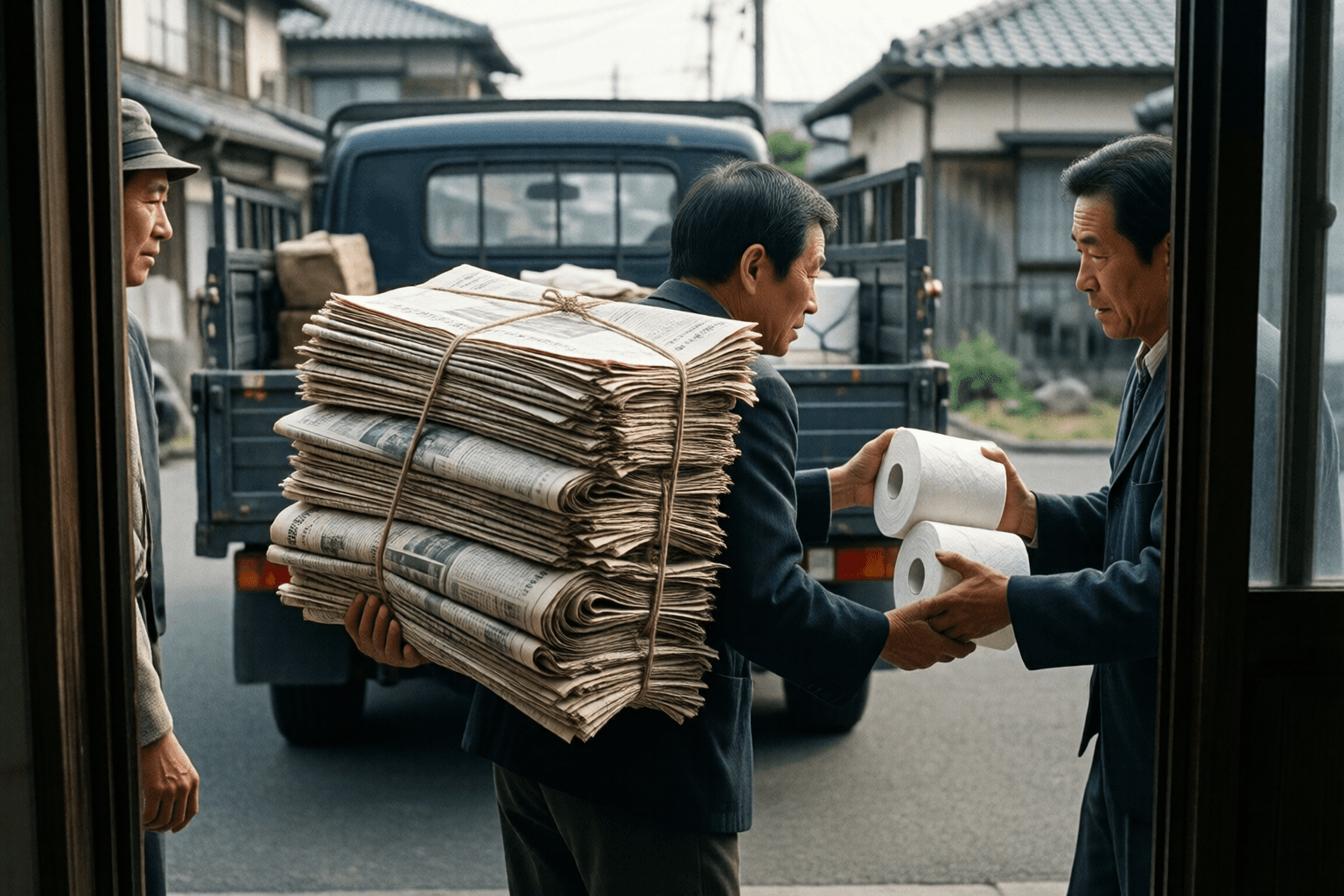 家庭で束ねた古新聞をちり紙交換車へ運び出し、トイレットペーパーを受け取る場面のイメージ画像です。特定の人物・企業の再現ではありません。