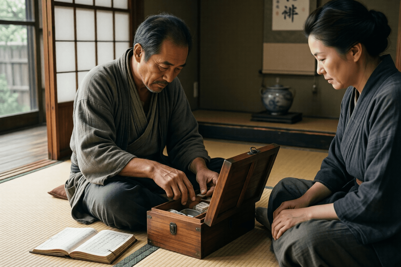 昭和の家庭を訪ね、薬箱の中身を確認する薬売りの場面のイメージ画像です。特定の企業・人物の再現ではありません。
