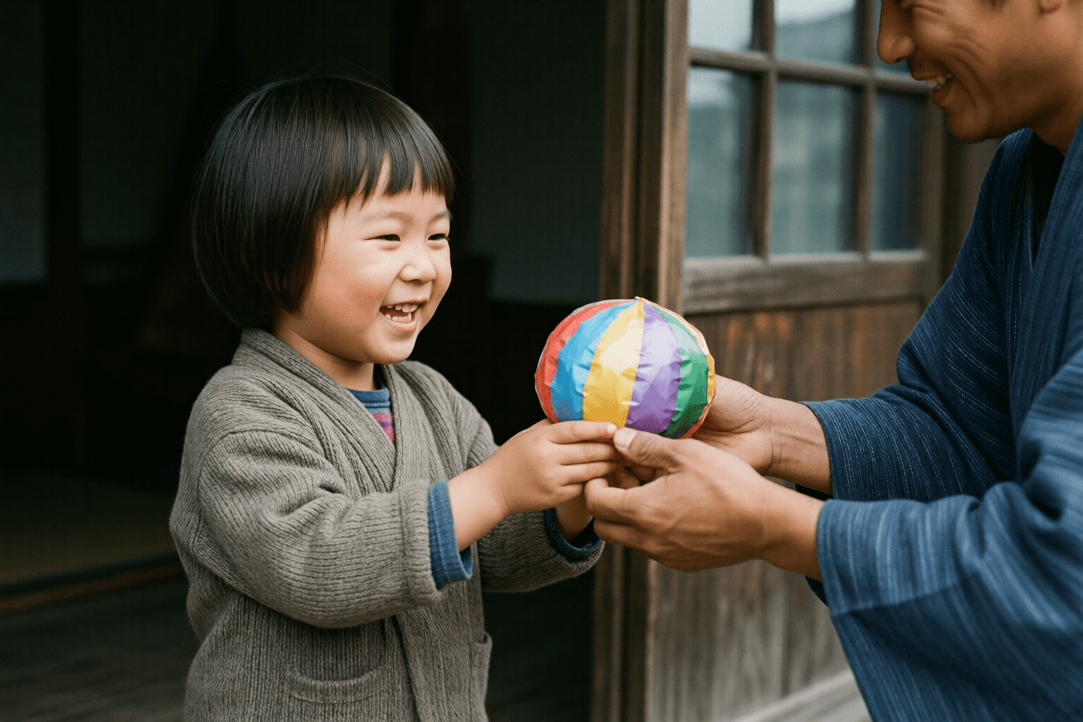 薬売りから紙風船を受け取り、嬉しそうにする子どものイメージ画像です。特定の企業・人物の再現ではありません。
