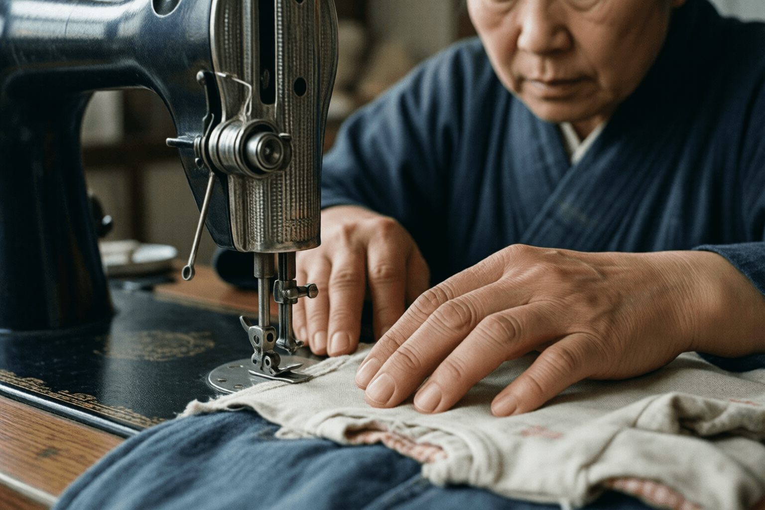昭和の家庭で、母親が足踏みミシンを使って子どもの服を縫う場面のイメージ画像です。特定の企業・製品の再現ではありません。