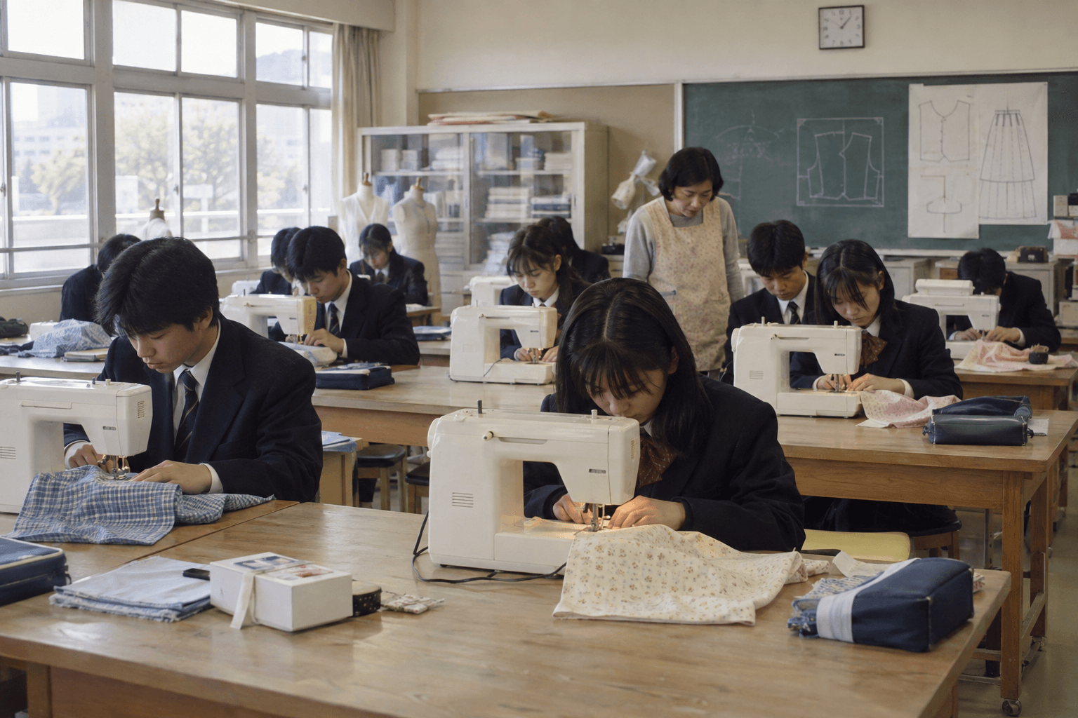 学校の家庭科の授業で、児童がミシンを使って布を縫う場面のイメージ画像です。特定の学校・製品の再現ではありません。