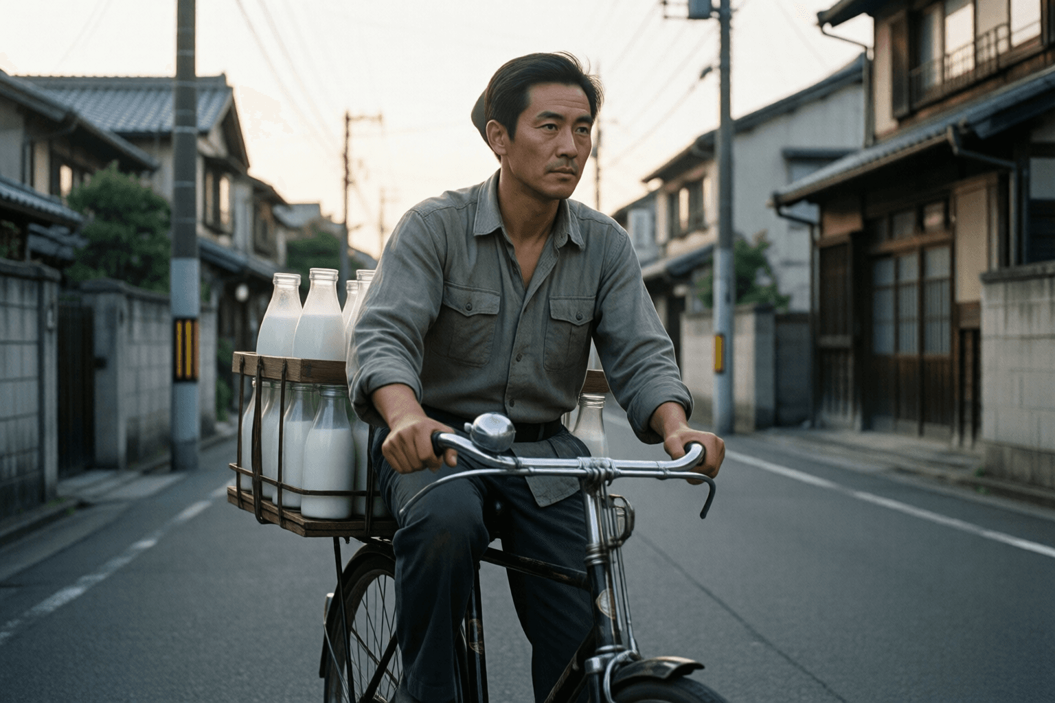 夜明け前、自転車で牛乳瓶を配達する配達員のイメージ画像です。特定の企業・人物の再現ではありません。