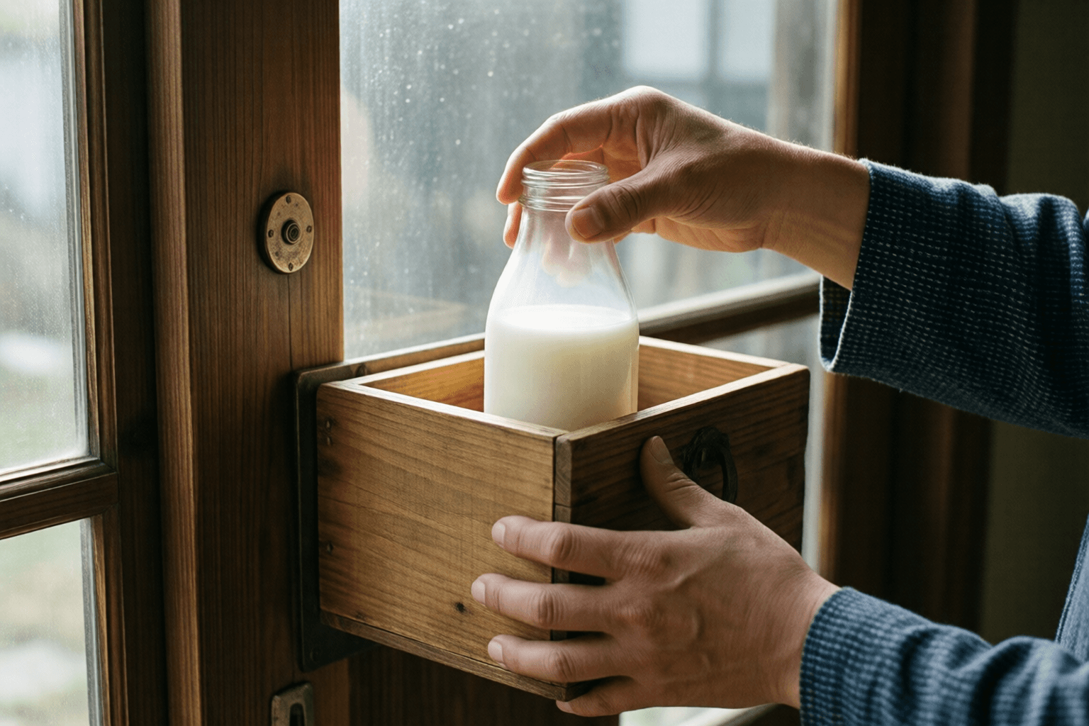玄関先の木製の牛乳箱から瓶を取り出す家庭の場面のイメージ画像です。特定の企業・人物の再現ではありません。