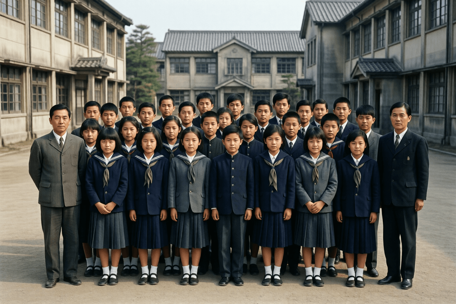 学校の校庭でクラス全員が集合写真を撮る場面のイメージ画像です。特定の学校・人物の再現ではありません。