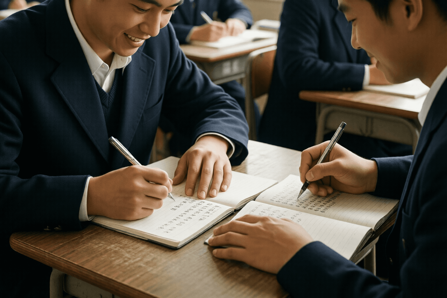 教室で友人同士が卒業文集に寄せ書きを書き合う場面のイメージ画像です。特定の学校・人物の再現ではありません。