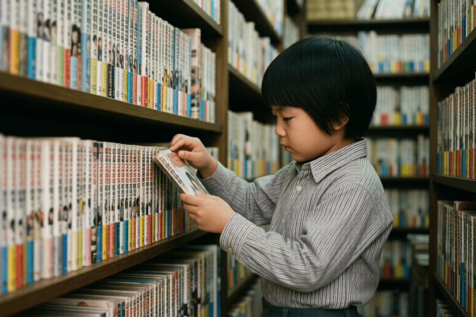 昭和の貸本屋の店先で、子どもが棚から漫画を選んでいる場面のイメージ画像です。特定の作品・企業の再現ではありません。