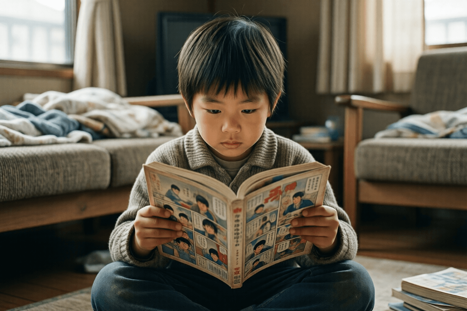 借りた漫画を家で読んでいる子どものイメージ画像です。特定の作品・企業の再現ではありません。