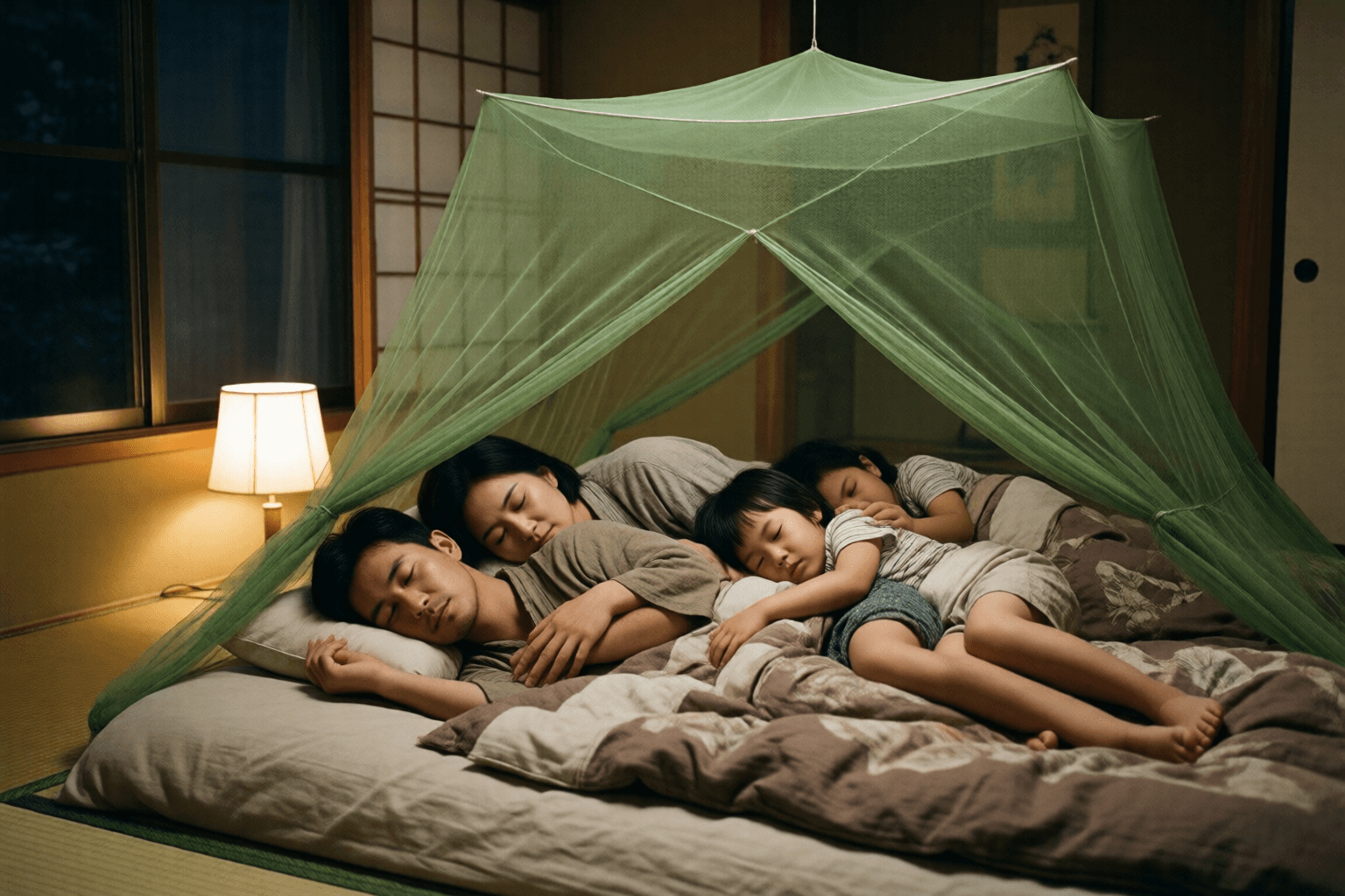 昭和の和室で、家族が蚊帳の中に集まって眠る場面のイメージ画像です。特定の人物・企業の再現ではありません。
