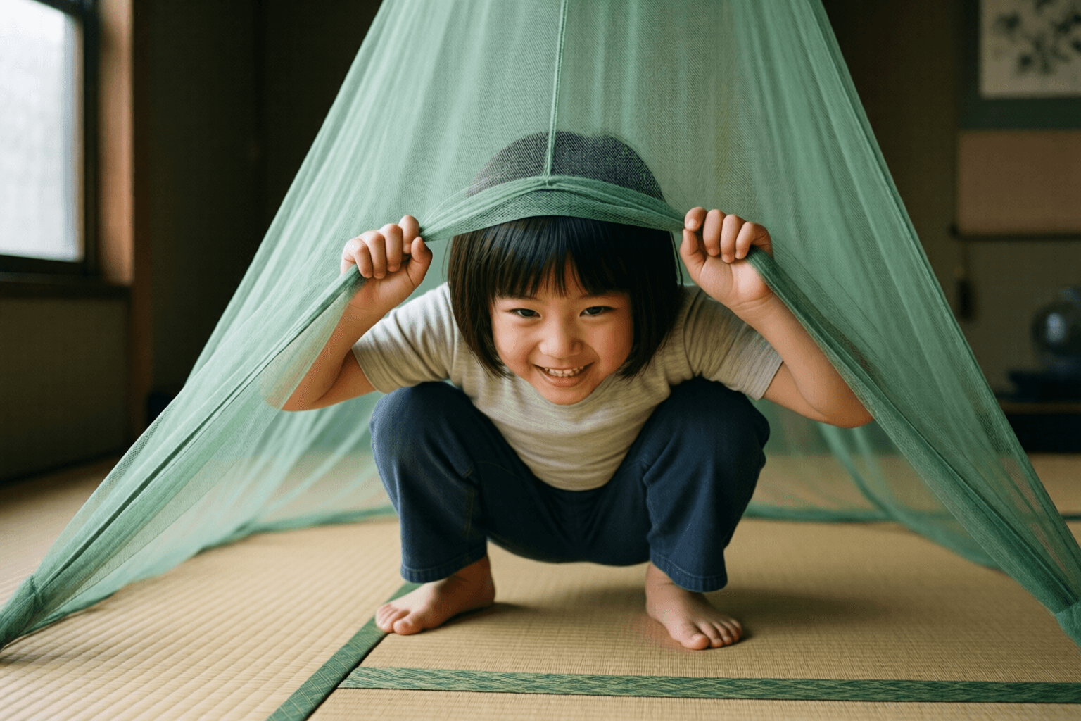 子どもが蚊帳を持ち上げてくぐって入ろうとする場面のイメージ画像です。特定の人物・企業の再現ではありません。