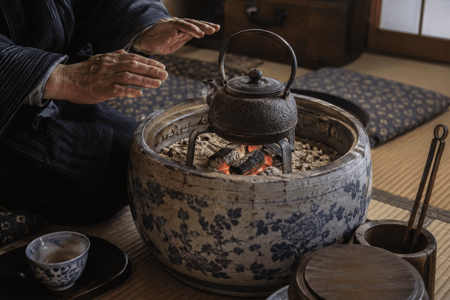 火鉢に手をかざして暖を取る場面のイメージ画像です。特定の人物・企業の再現ではありません。