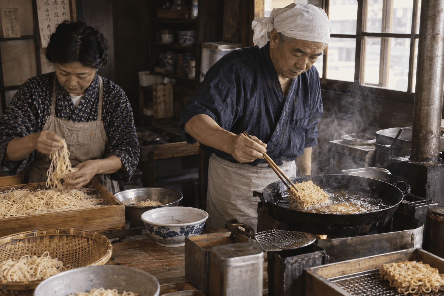 1950年代後半の日本の小さな台所で、麺を油で揚げて乾燥させる工程を連想させる場面のイメージ画像。特定の人物・企業・商品の再現ではありません。
