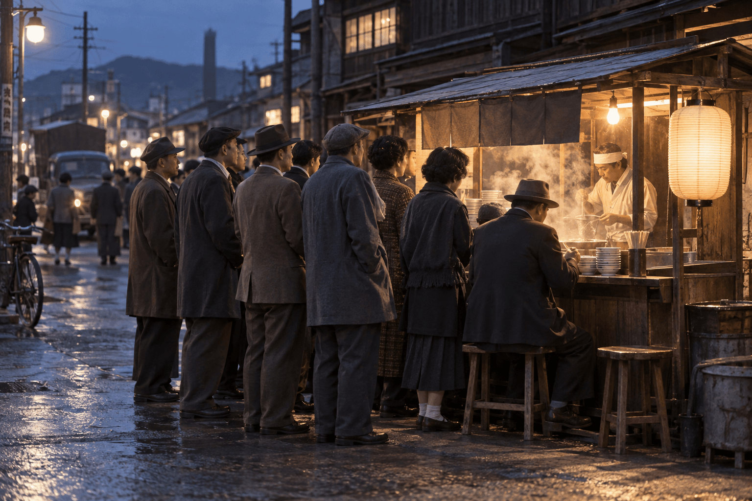 戦後の屋台にできたラーメンの行列のイメージ画像。特定の人物・商品・企業の再現ではありません。