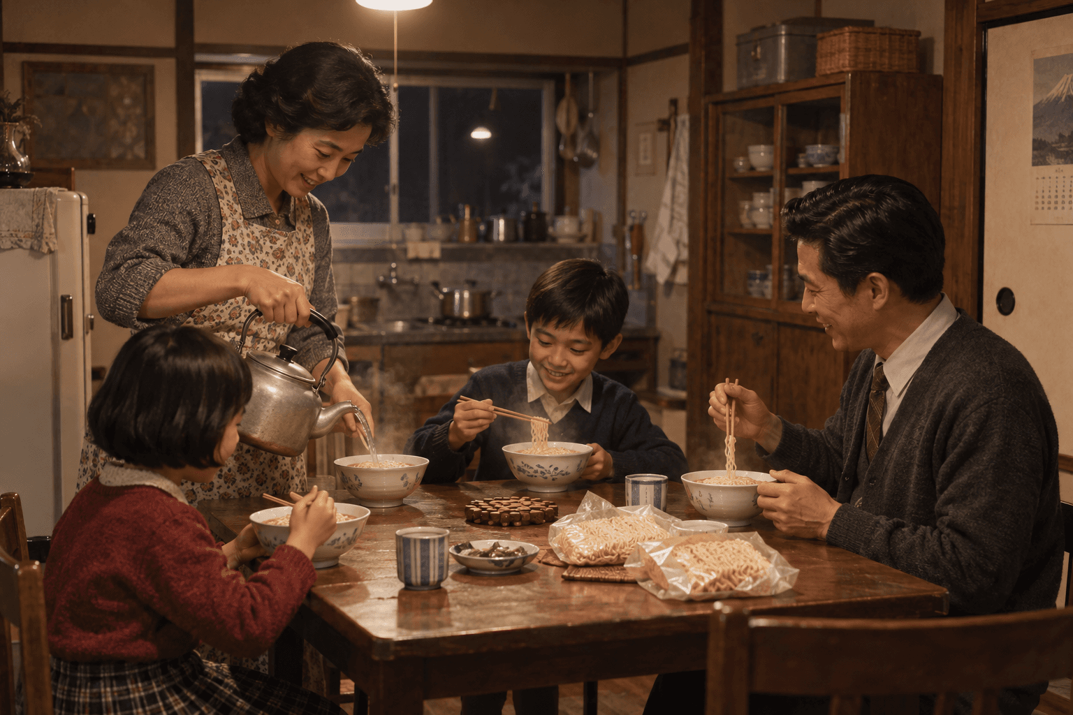 家庭で即席麺を囲む家族の食卓のイメージ画像。特定の人物・商品・企業の再現ではありません。