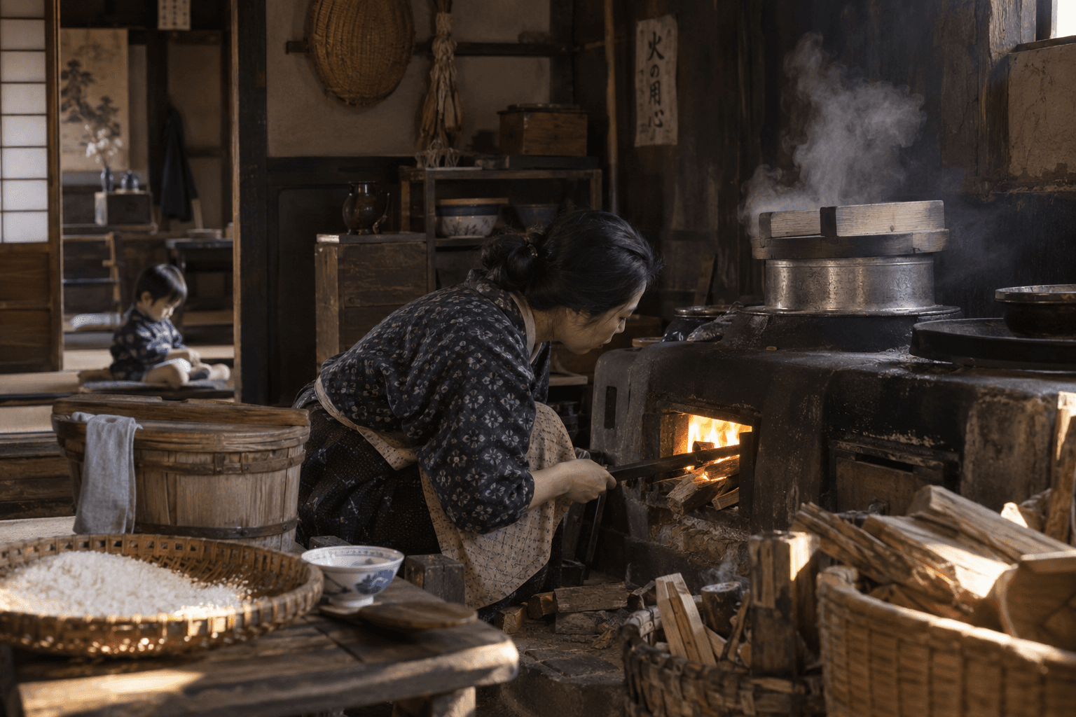 1950年代の日本の台所で、かまどの火加減を見ながら炊飯する人物のイメージ画像。特定の商品・ブランドの再現ではありません。