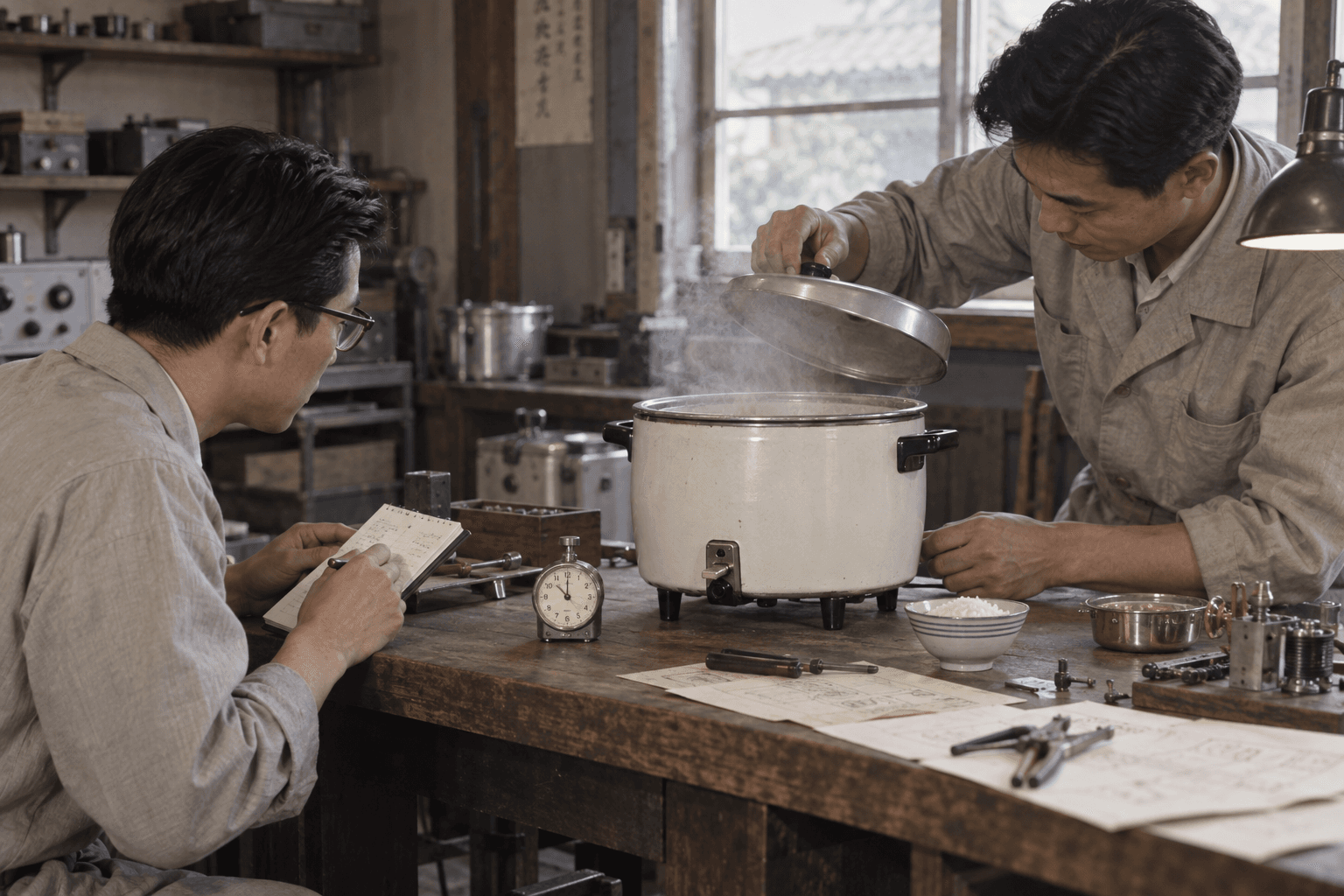 炊き上がりを試験する電気釜の開発現場のイメージ画像。特定の人物・商品・企業の再現ではありません。