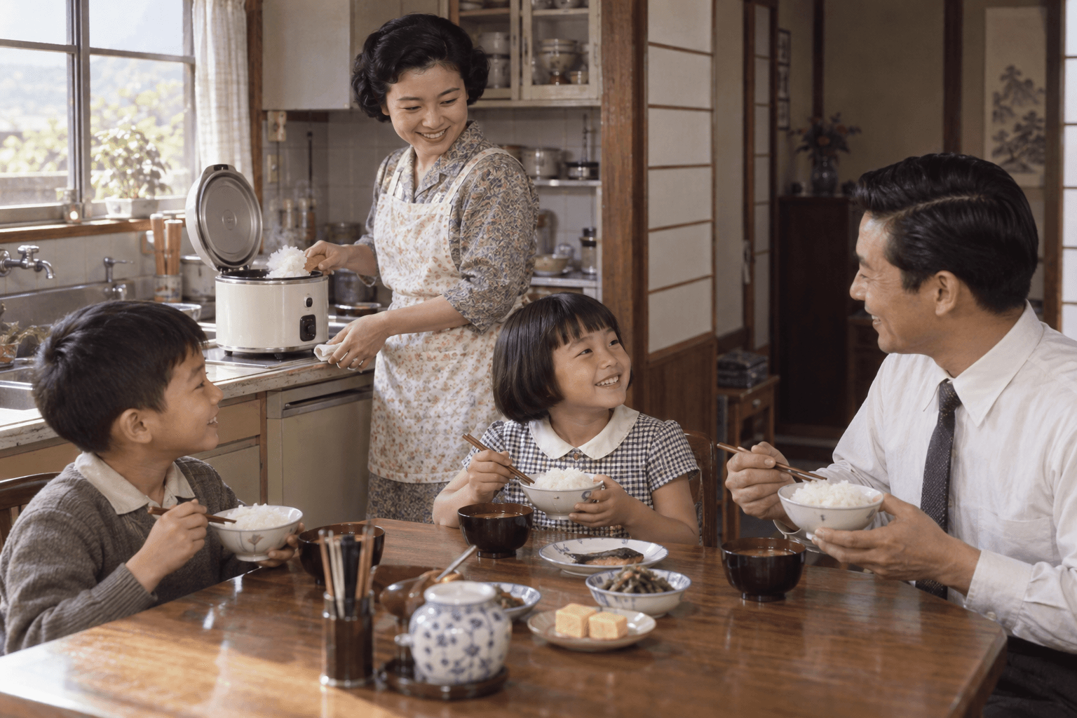 電気釜で炊いたご飯を囲む家族の食卓のイメージ画像。特定の人物・商品・企業の再現ではありません。