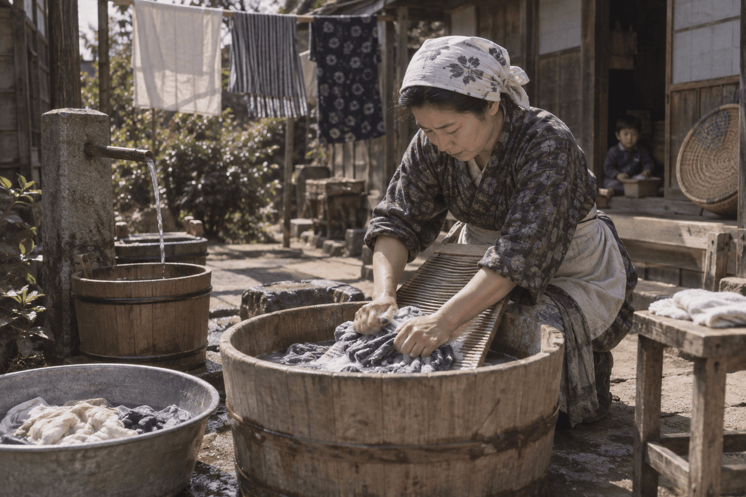 洗濯板とたらいを使い、屋外の洗い場で手洗いをする人物のイメージ画像。特定の商品・ブランドの再現ではありません。