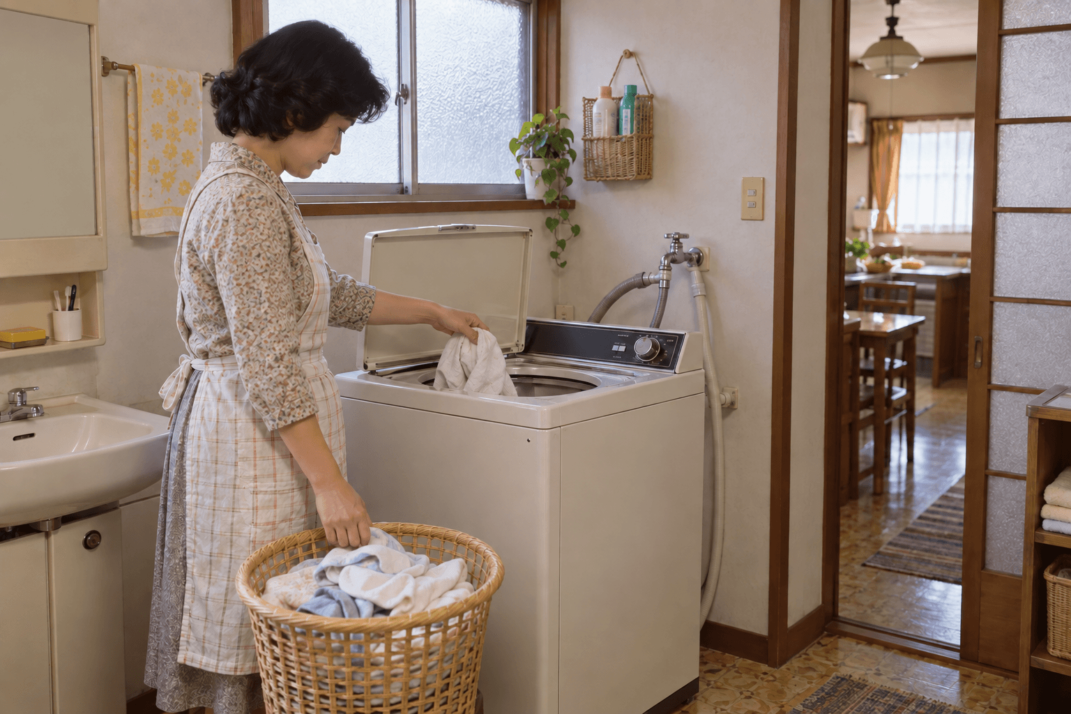 全自動洗濯機が家庭に置かれた頃の洗濯風景のイメージ画像。特定の人物・商品・企業の再現ではありません。